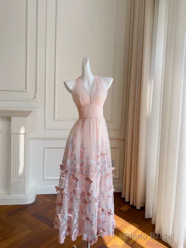 Light Pink A Line Halter Butterfly Appliques Tulle Prom Dress Evening Dress Main image