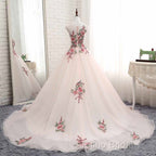 Light Pink Ball Gown Quinceanera Dresses With Flowers Embroidery, Pink Tulle And Organza Party Dresses