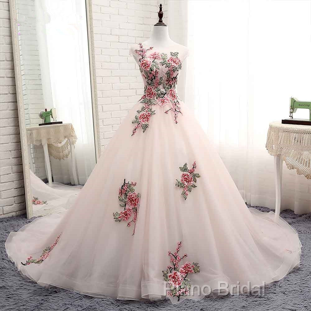 Light Pink Ball Gown Quinceanera Dresses With Flowers Embroidery, Pink Tulle And Organza Party Dresses