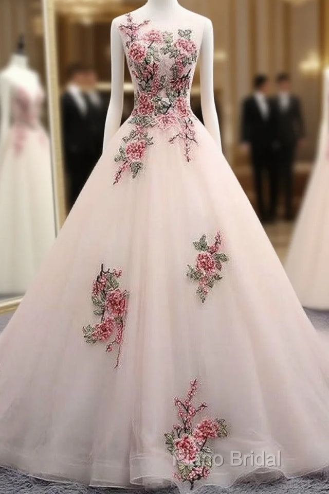 Light Pink Ball Gown Quinceanera Dresses With Flowers Embroidery, Pink Tulle And Organza Party Dresses