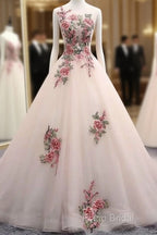 Light Pink Ball Gown Quinceanera Dresses With Flowers Embroidery, Pink Tulle And Organza Party Dresses