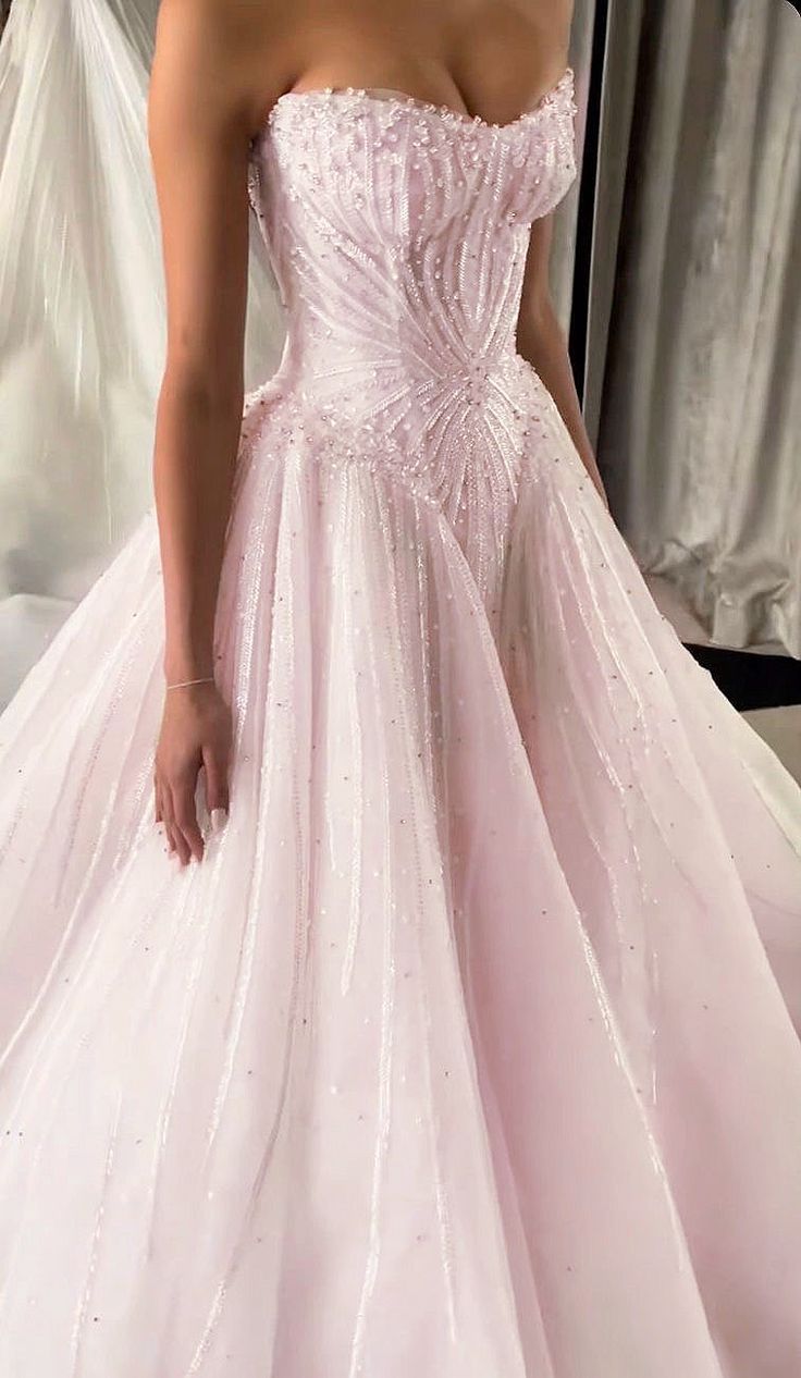 Light Pink Ball Gown Strapless Beaded Sequin Tulle Formal Prom Dresses 18Th Birthday Dresses