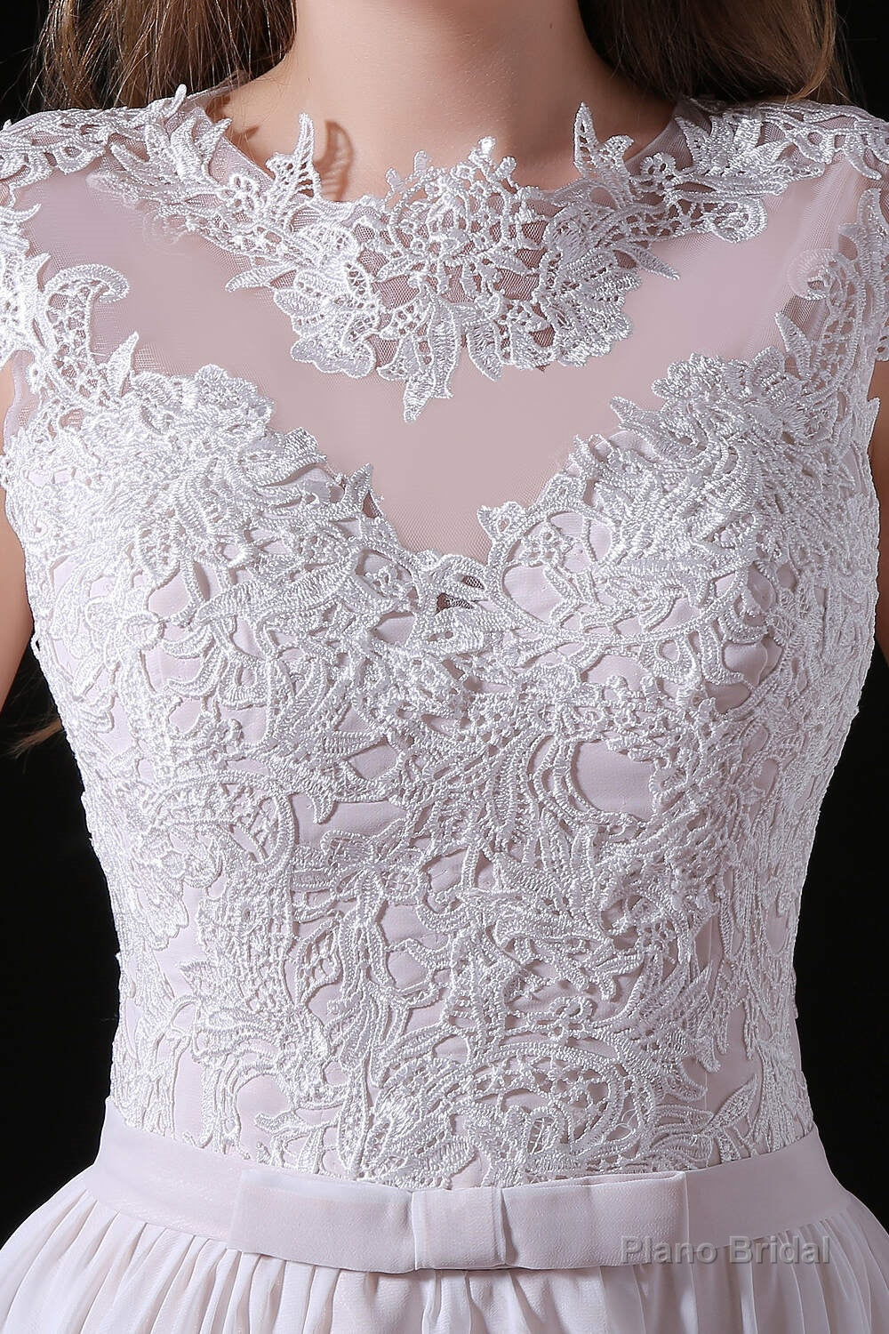 Light Pink Chiffon Wedding Dresses with veil Lace Appliques Top Short Sleeve Secondary image