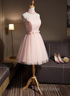 Light Pink Halter Tulle And Lace Lovely Knee Length Formal Dresses, Cute Party Dresses, Pink Formal Prom Dresses