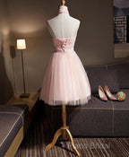 Light Pink Halter Tulle And Lace Lovely Knee Length Formal Dresses, Cute Party Dresses, Pink Formal Prom Dresses