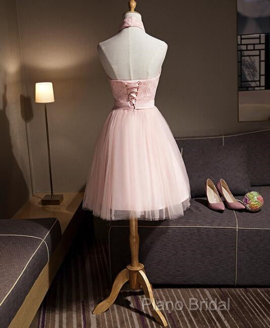 Light Pink Halter Tulle And Lace Lovely Knee Length Formal Dresses, Cute Party Dresses, Pink Formal Prom Dresses