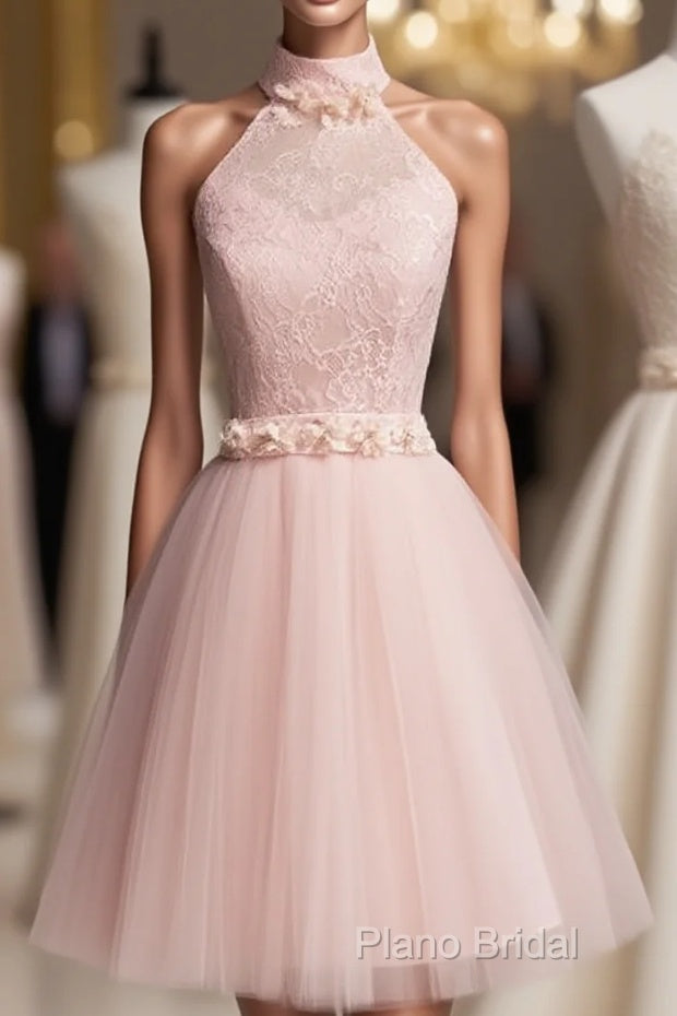 Light Pink Halter Tulle And Lace Lovely Knee Length Formal Dresses, Cute Party Dresses, Pink Formal Prom Dresses Main image