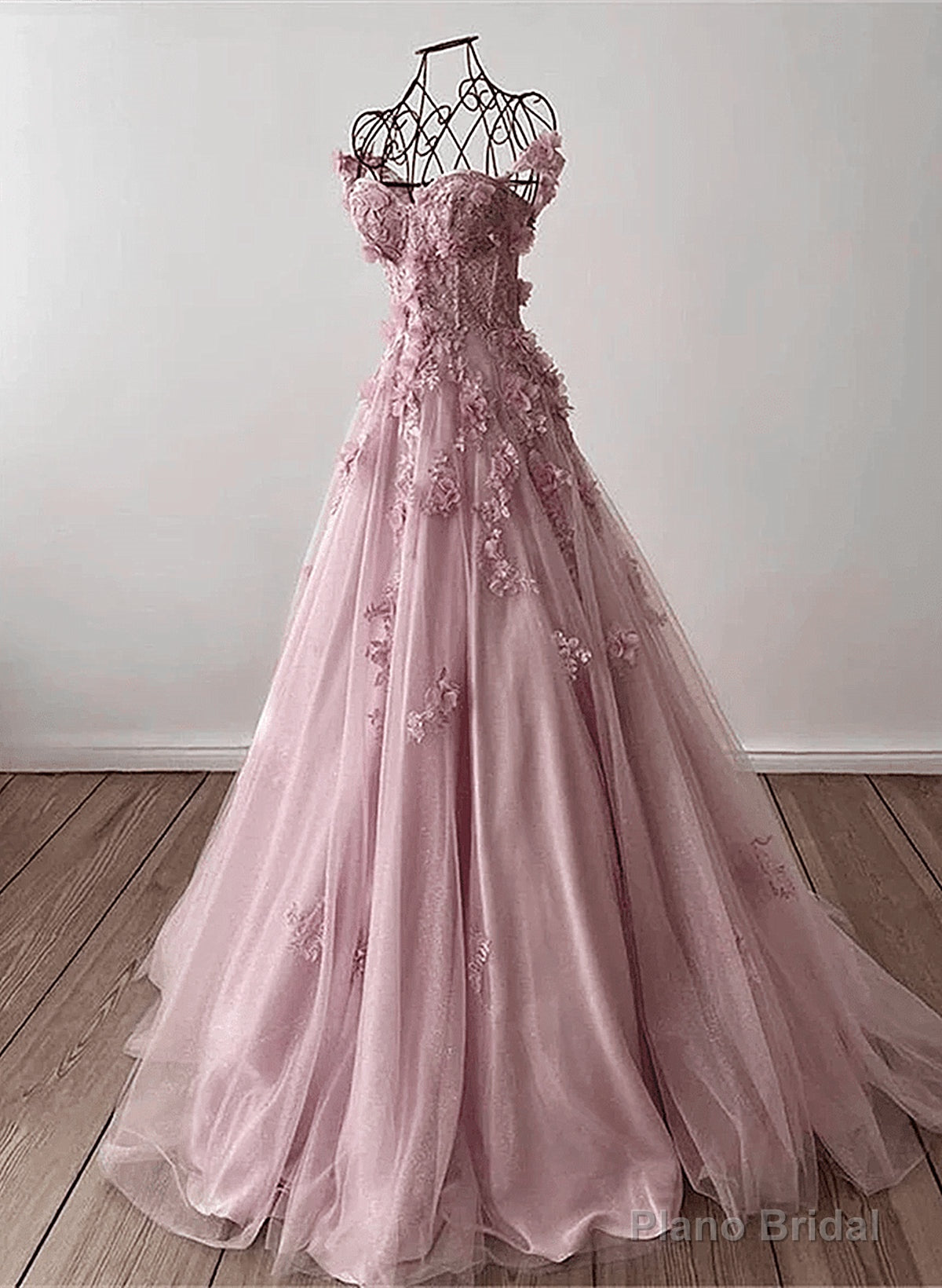 Light Pink Off Shoulder Tulle Floral Party Dress, A-line Pink Tulle Prom Dress Evening Dress Main image
