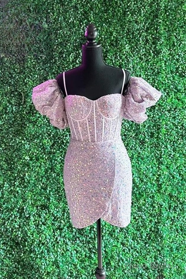 Light Pink Puff Sleeves Sequins Sheath Homecoming Dress Cocktail Main image