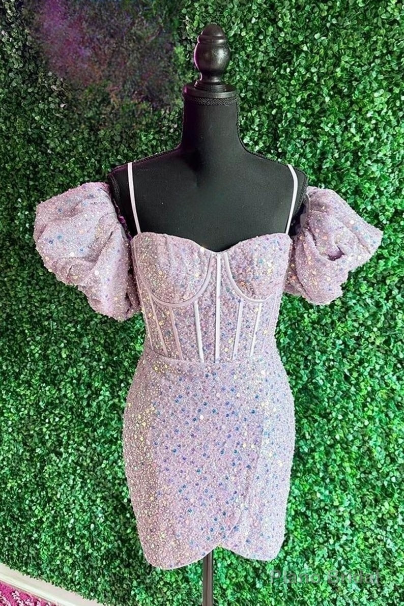 Light Pink Puff Sleeves Sequins Sheath Homecoming Dress Cocktail Secondary image