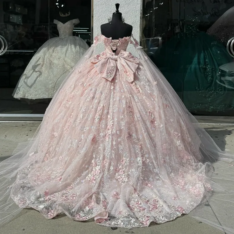 Light Pink Quinceanera Dresses Off-Shoulder Lace Appliques Ball Gown Secondary image