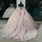 Light Pink Quinceanera Dresses Off-Shoulder Lace Appliques Ball Gown