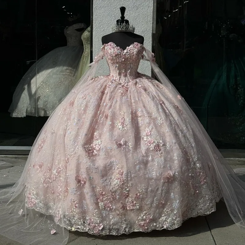 Light Pink Quinceanera Dresses Off-Shoulder Lace Appliques Ball Gown Main image