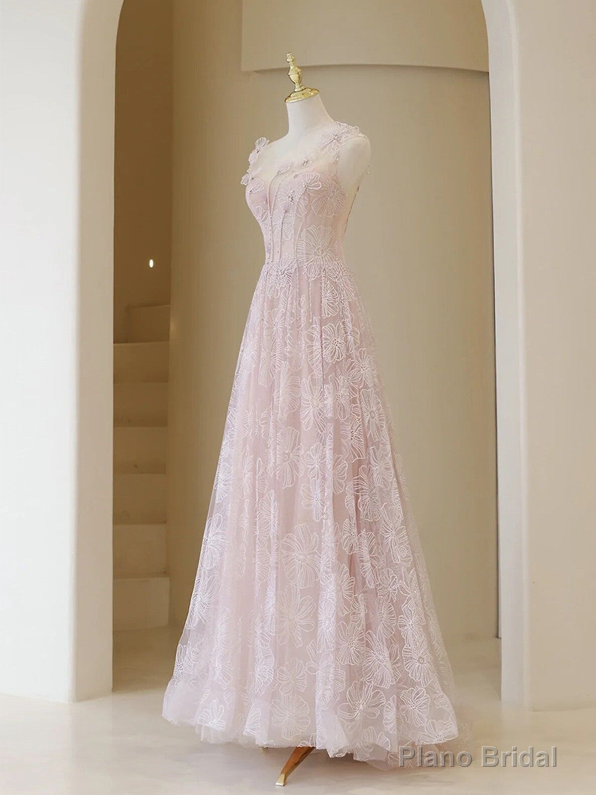 Light Pink Round Neckline Lace Long Prom Dress, A-line Pink Floor Length Party Dress Main image