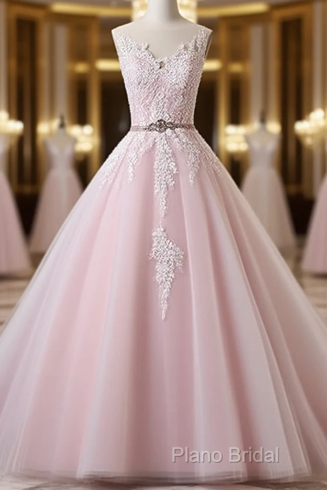 Light Pink Scoop Neck Lace Applique Formal Prom Dresses, Beaded Wedding Dresses Main image