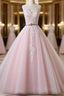 Light Pink Scoop Neck Lace Applique Formal Prom Dresses, Beaded Wedding Dresses