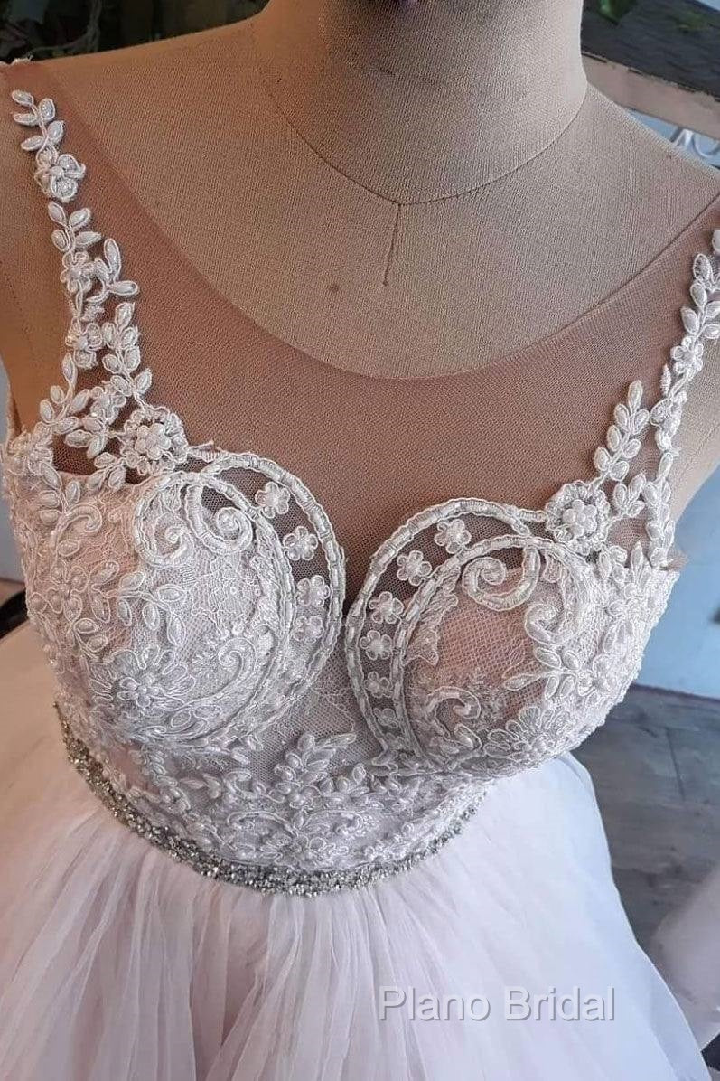 Light Pink Tulle Lace Long Formal Prom Dresses, Wedding Dresses