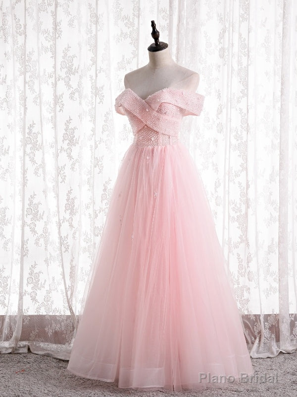 Light Pink Tulle Off the Shoulder Beading Prom Dress Main image