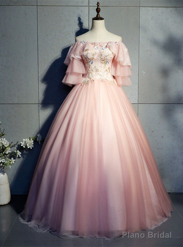 Light Pink Tulle Off the Shoulder Short Sleeve Appliques Quinceanera Dress Main image