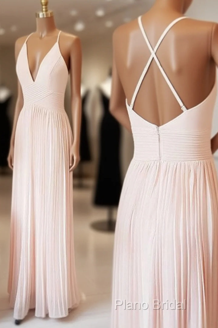 Light Pink V Neck Chiffon Long Formal Prom Dresses, Pink Formal Dresses Main image