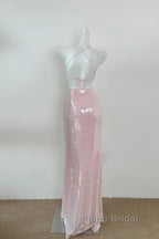 Light Pink V Neck Sheath Sequined Formal Prom Dresses Birthday Dresses