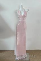 Light Pink V Neck Sheath Sequined Formal Prom Dresses Birthday Dresses