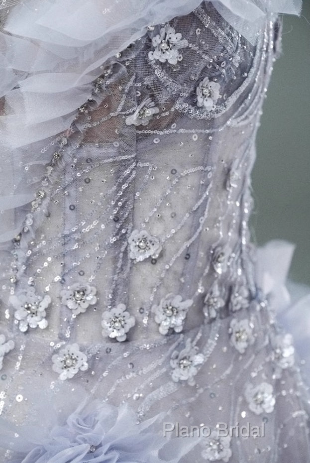 Light Purple A-Line Off-The-Shoulder Tulle Sequin Long Formal Prom Dresses, Sweet Appliqu Beaded Formal Dresses