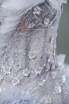 Light Purple A-Line Off-The-Shoulder Tulle Sequin Long Formal Prom Dresses, Sweet Appliqu Beaded Formal Dresses