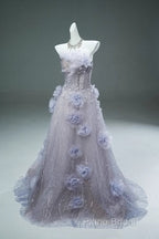 Light Purple A-Line Off-The-Shoulder Tulle Sequin Long Formal Prom Dresses, Sweet Appliqu Beaded Formal Dresses