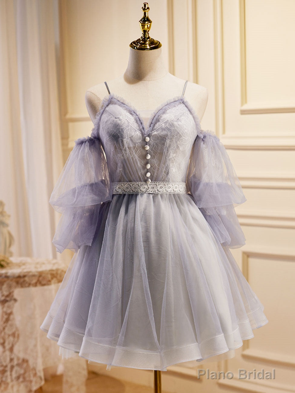 Light Purple A-Line Tulle Lace Short Prom Dresses, Light Purple Homecoming Dresses Main image