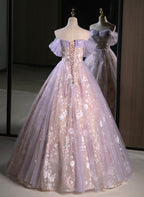 Light Purple A-Line Tulle With Floral Long Formal Prom Dresses, Light Purple Formal Evening Dresses Party Dresses