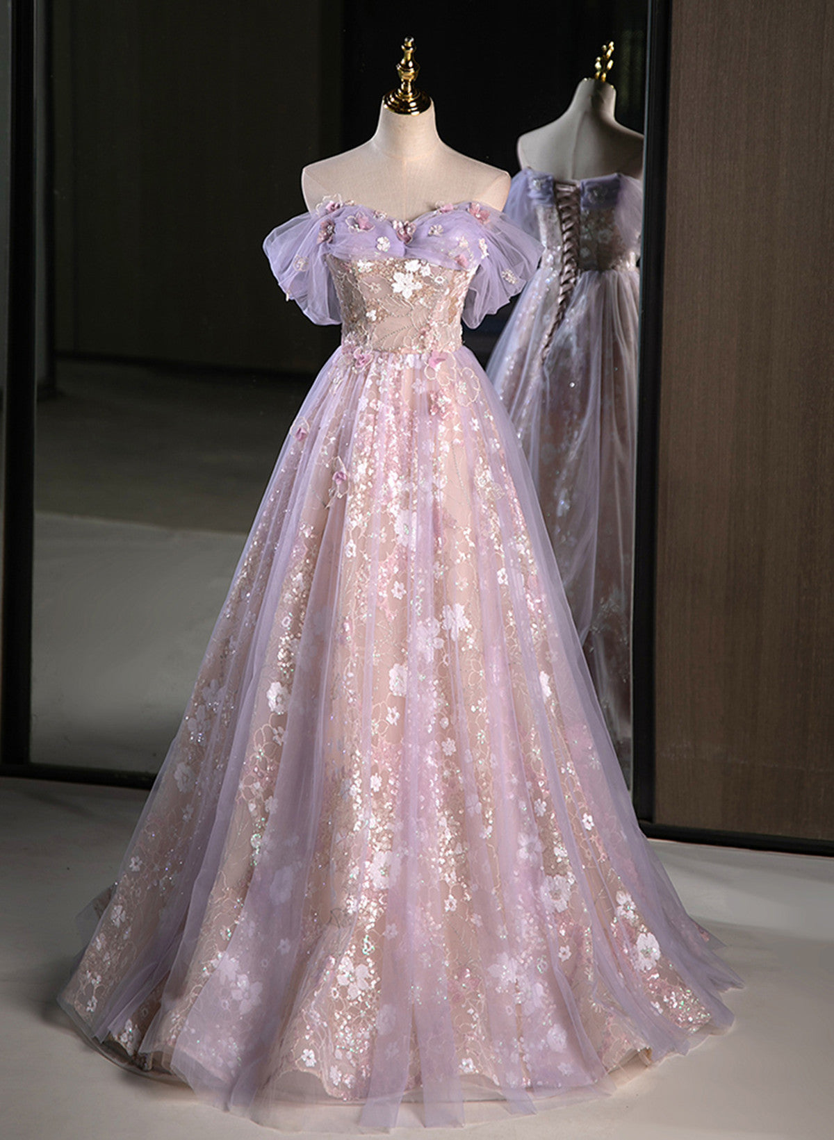 Light Purple A-Line Tulle With Floral Long Formal Prom Dresses, Light Purple Formal Evening Dresses Party Dresses