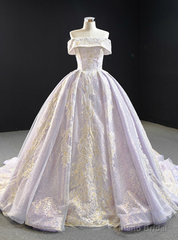 Light Purple Ball Gown Tulle Lace Appliques Off the Shoulder Prom Dress Main image