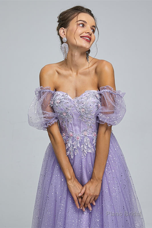 Light Purple Lace And Sequins Tulle Off The Shoulder Floor Length Dresses Main image