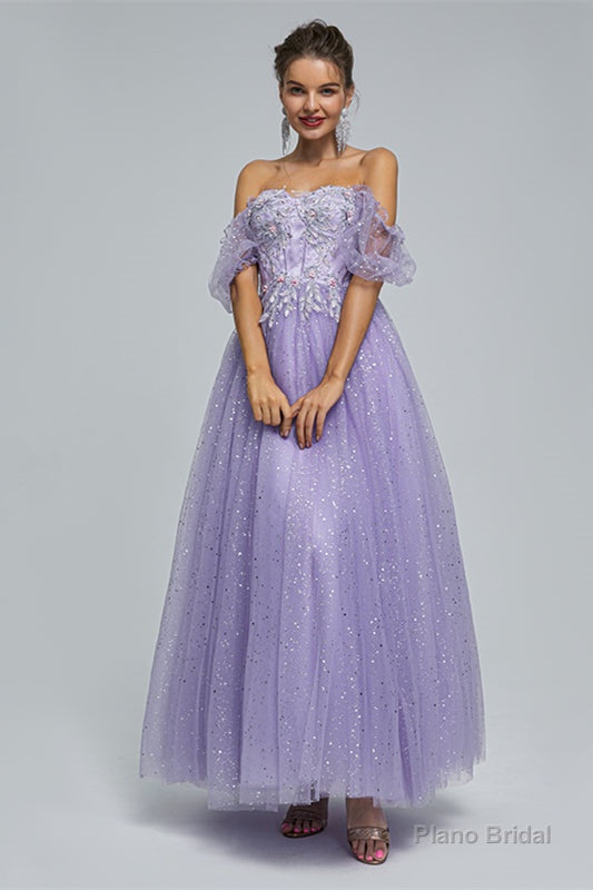 Light Purple Lace And Sequins Tulle Off The Shoulder Floor Length Dresses Secondary image