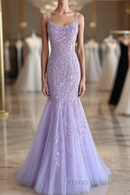 Light Purple Lace Mermaid Formal Prom Dresses, Purple Lace Mermaid Formal Evening Dresses