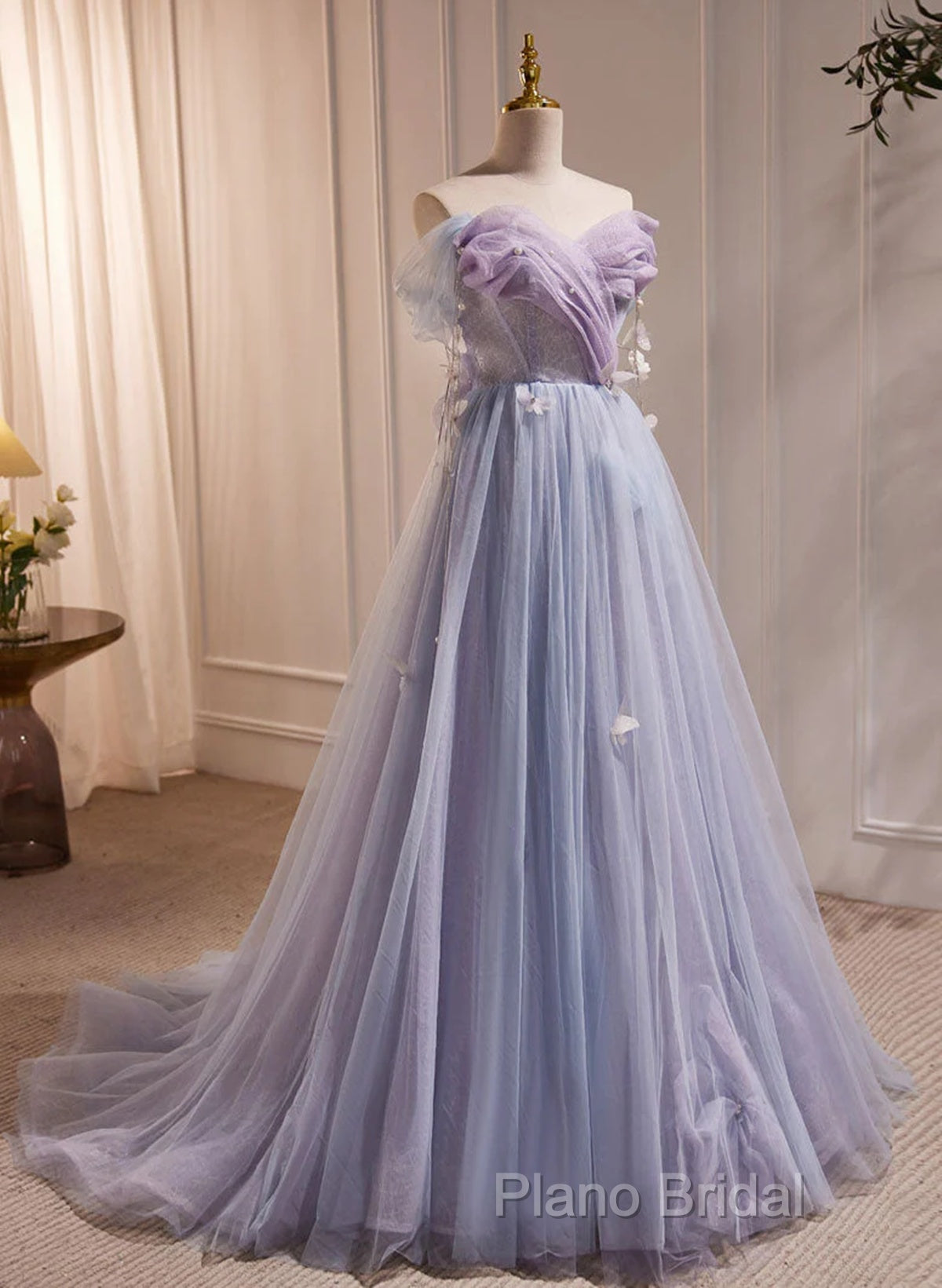 Light Purple Off Shoulder Sweetheart Long Formal Dresses, Light Purple Tulle Formal Prom Dresses