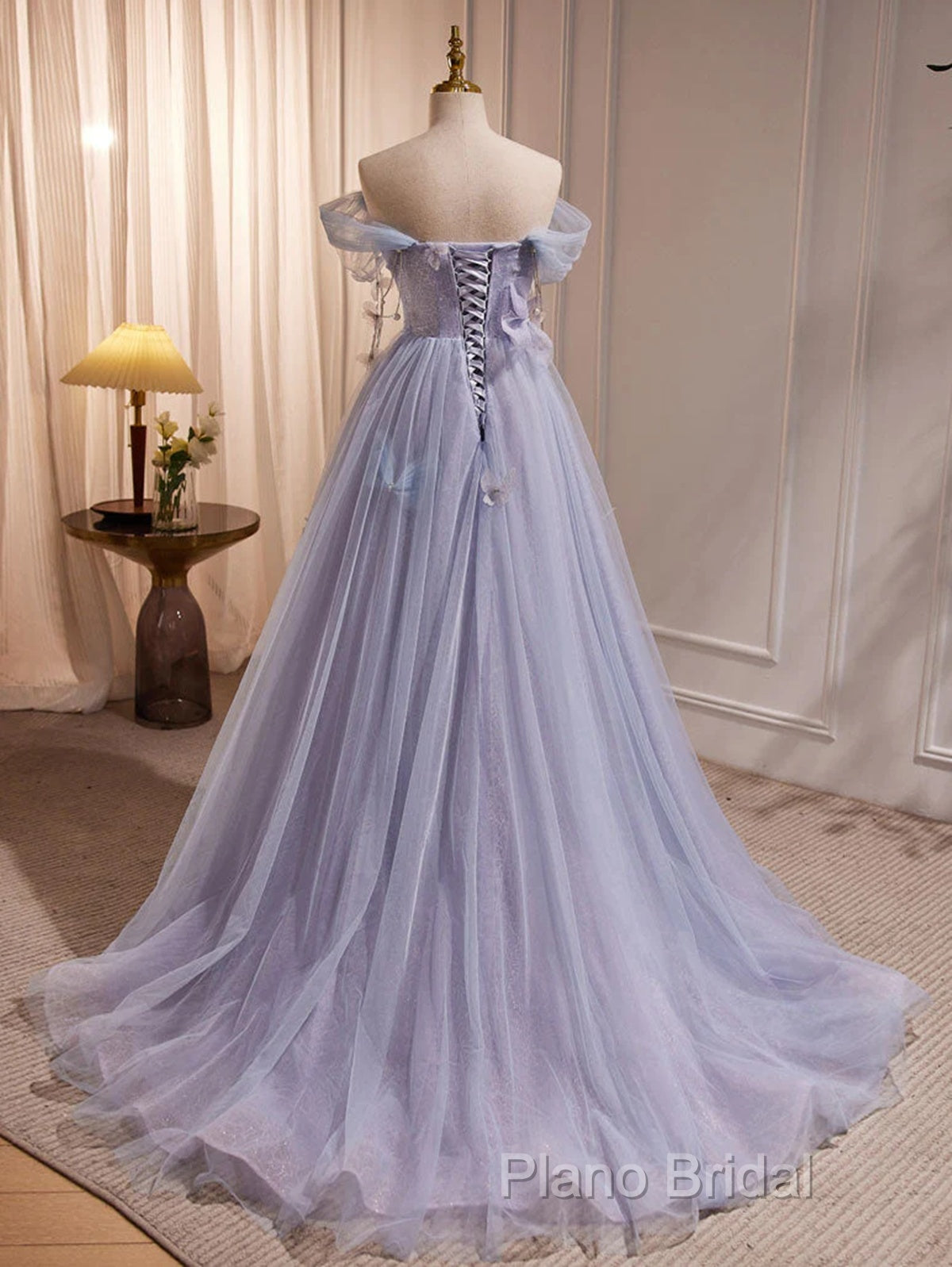 Light Purple Off Shoulder Sweetheart Long Formal Dresses, Light Purple Tulle Formal Prom Dresses