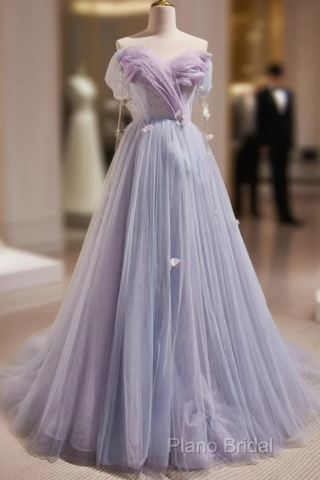 Light Purple Off Shoulder Sweetheart Long Formal Dresses, Light Purple Tulle Formal Prom Dresses Main image