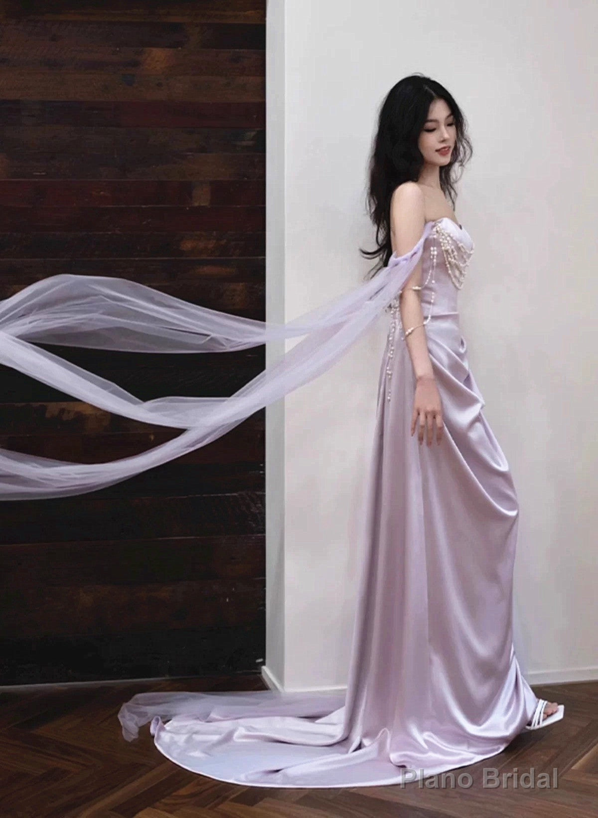 Light Purple Satin Long Evening Dress, Light Purple Sweetheart Prom Dress Main image