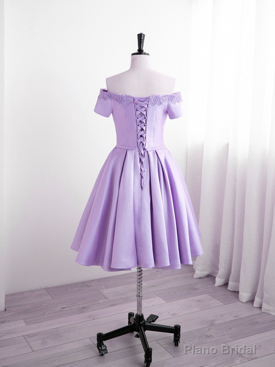 Light Purple Satin Short Party Dress with Lace, Cute Short Homecoming Dress Main image