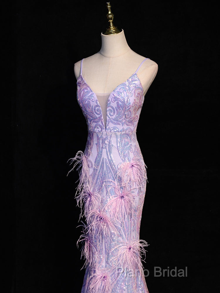 Light Purple Sequins Mermaid Long Party Dresses, Light Purple Formal Dresses Formal Prom Dresses