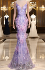 Light Purple Sequins Mermaid Long Party Dresses, Light Purple Formal Dresses Formal Prom Dresses