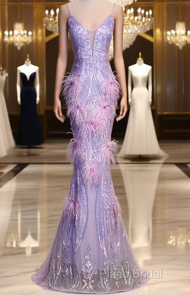 Light Purple Sequins Mermaid Long Party Dresses, Light Purple Formal Dresses Formal Prom Dresses