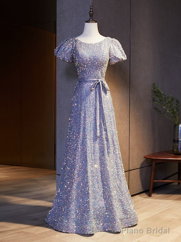 Light Purple Sequins Puff Sleeve Prom Dress Main image