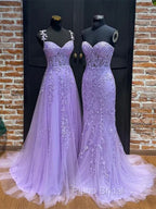 Light Purple Sweetheart Lace Long Formal Gown, Purple Lace Formal Prom Dresses