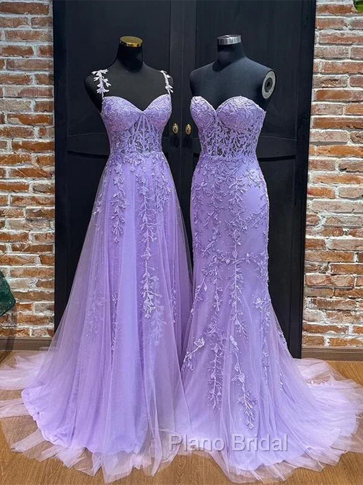 Light Purple Sweetheart Lace Long Formal Gown, Purple Lace Formal Prom Dresses
