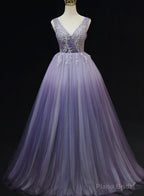 Light Purple Tulle Gradient Lace Applique Formal Dress, Long Prom Dress