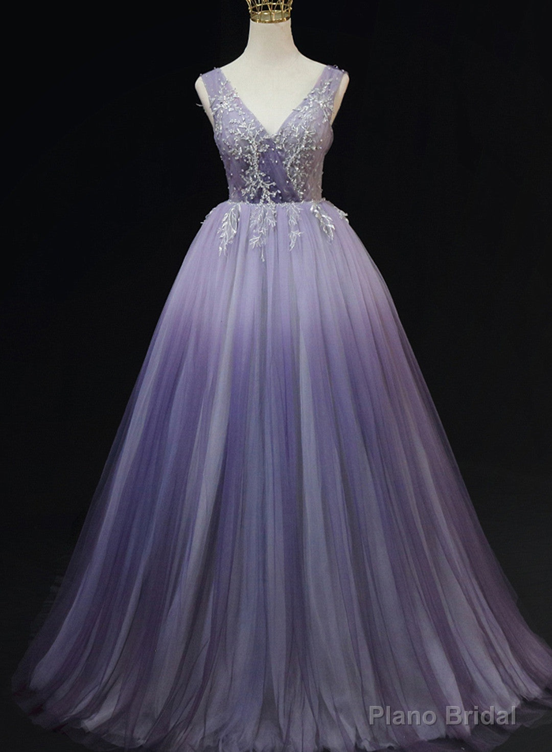 Light Purple Tulle Gradient Lace Applique Formal Dress, Long Prom Dress