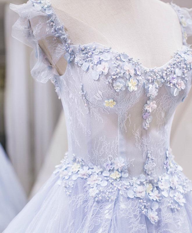 Light Blue Tulle Lace Long Formal Prom Dresses, Blue Formal Evening Dresses